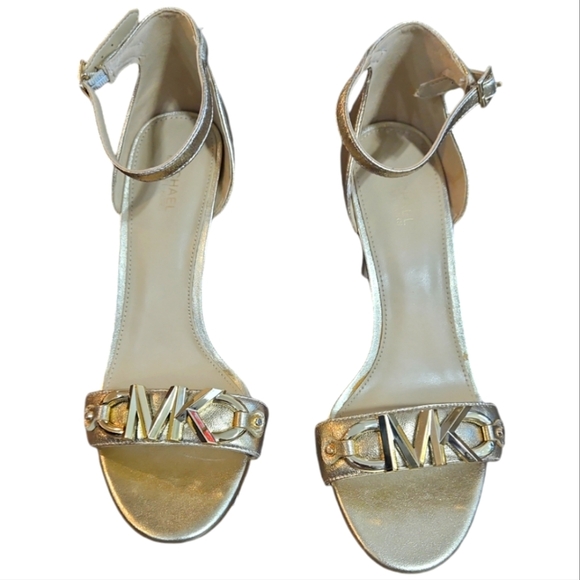 Michael Michael Kors Izzy Pale Gold Metallic Leather Heeled Sandals Size 8 - Picture 9 of 14